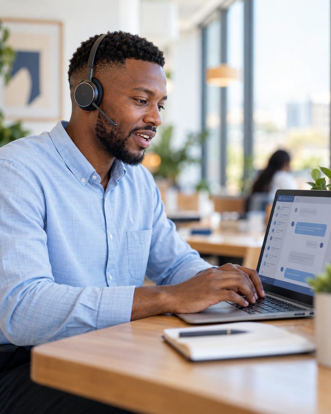 A Zypria team member on a call at her laptop