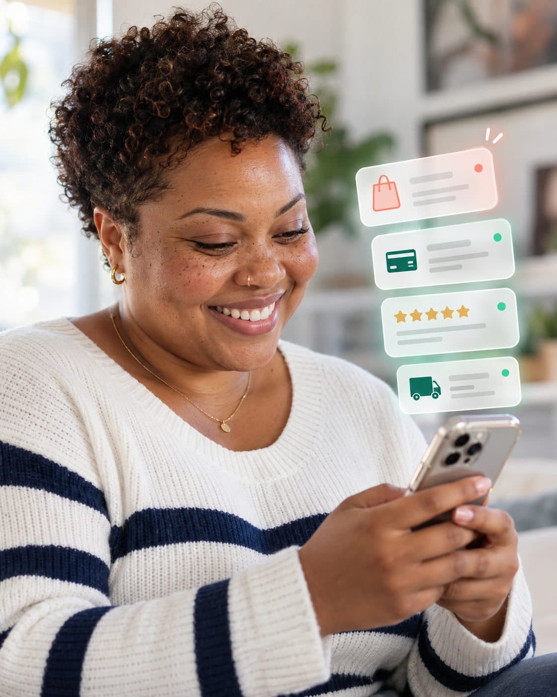 A Zypria virtual assistant smiling as she reviews an online order