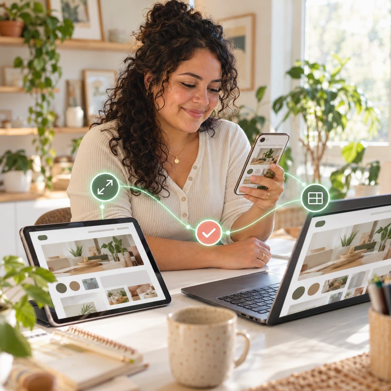 A Zypria virtual assistant checking a site across phone, tablet and laptop