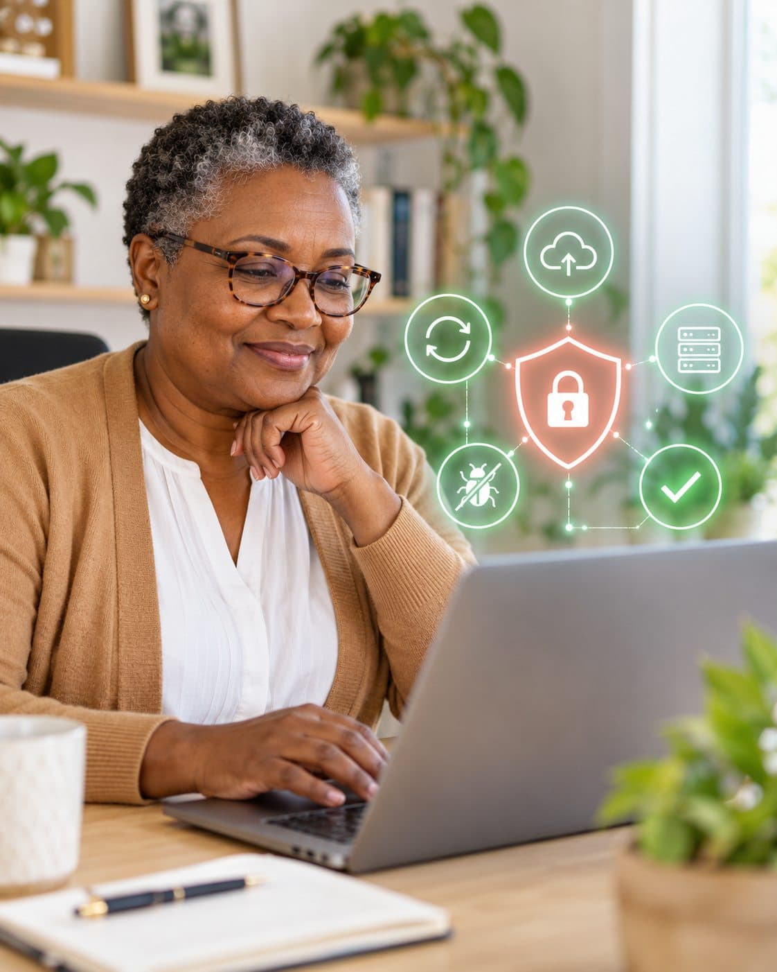 A Zypria virtual assistant planning her day at her desk