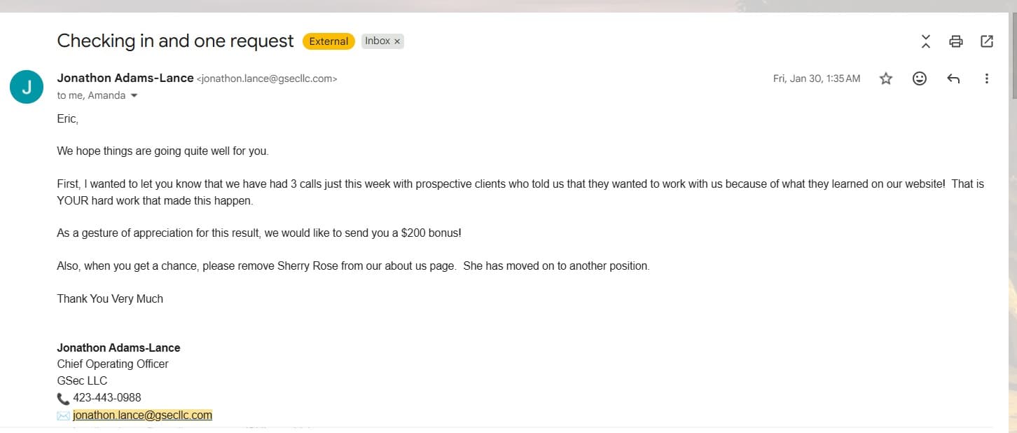 Email from Jonathon Adams-Lance, COO of GSec LLC, thanking Eric for results delivered by his website build